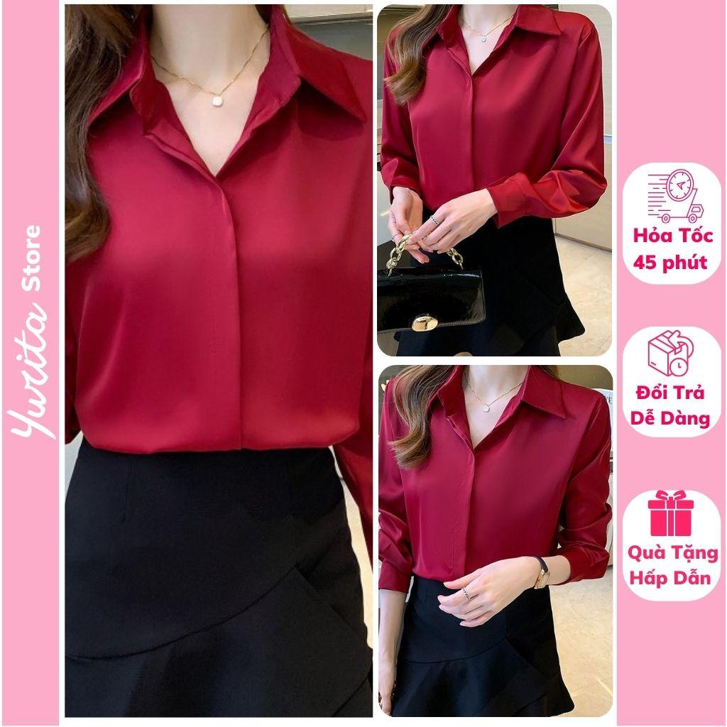 Áo Sơ Mi Nữ Công Sở Màu Đỏ Đô Cổ ĐứcYURITA Kiểu Hàn Quốc Vintage Ulzzang Form Rộng Dài Tay Đẹp Chất Lụa Cao Cấp A2D
