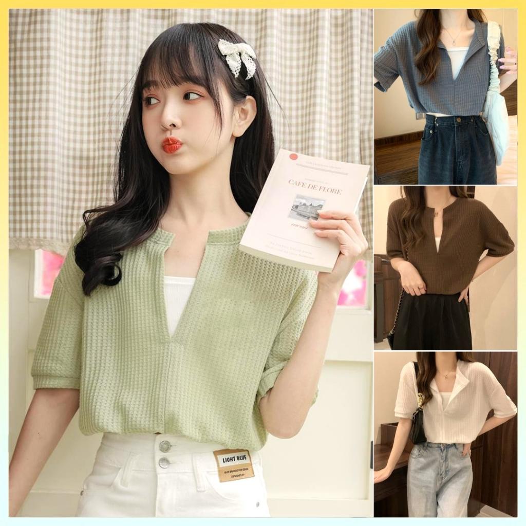L2M SET 2 ÁO LIỀN NHAU len dệt kim Montoghi Quảng Châu cổ V dáng croptop nhúm eo siêu xinh - Màu ngẫu nhiên