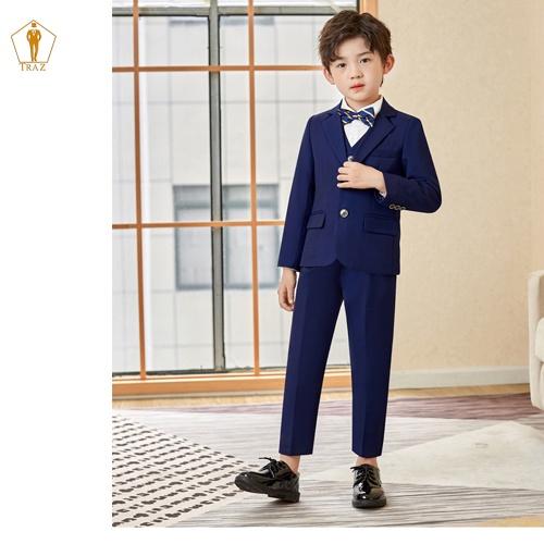 Set, Bộ Vest Xanh Đen Trẻ Em TRAZ Bé Trai, Con Nít(1 quần, 1 áo vest, 1 ghile, 1 nơ)Bé Mập Cao Tăng 1, 2 Size