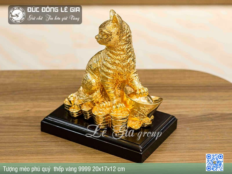 Tượng mèo phú quý thếp vàng 9999 20x17x12cm