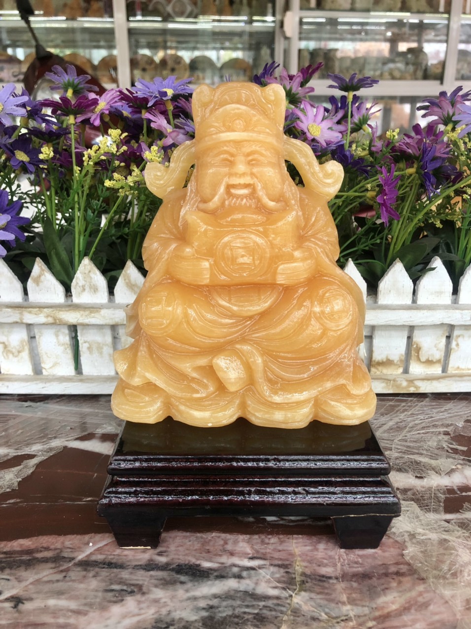 Tượng ông Thần Tài kim tiền, thần phát, thần tiền cầm thỏi vàng phong thủy đá ngọc hoàng long đặt bàn thờ thần tài - Cao 15 cm