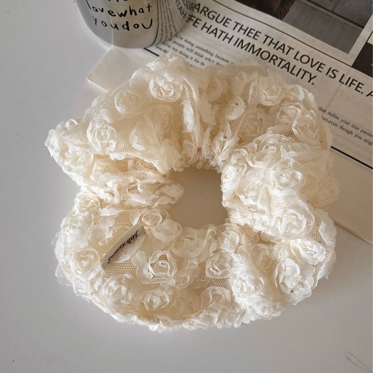 Dây cột tóc voan lưới hoa hồng xinh đẹp, scrunchies phong cách Hàn Quốc