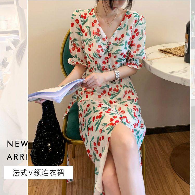 SHUANGYAN 2021 mùa hè thắt lưng ngọt ngào trà nghỉ váy nữ Pháp anh đào chiffon hoa bong bóng tay áo đầm dài