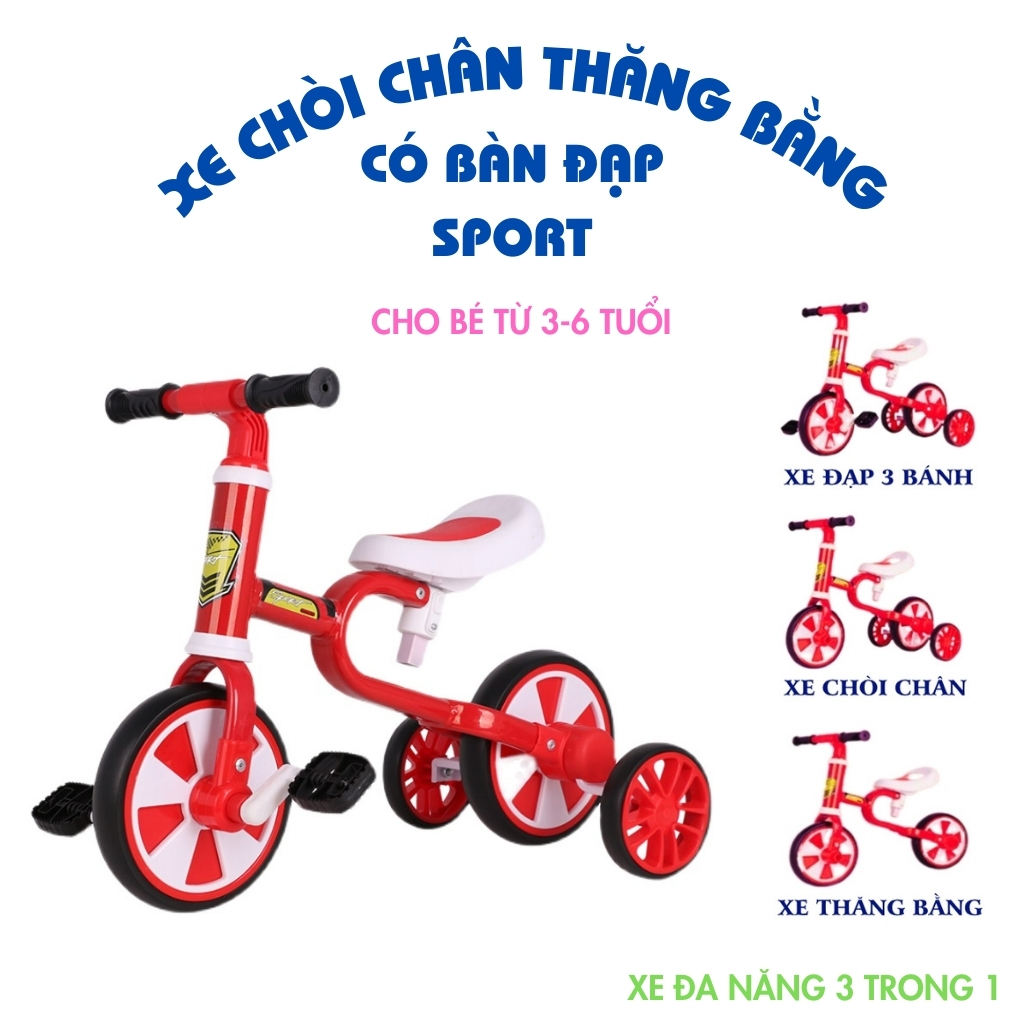 Xe đạp 3 bánh sport 3 in 1 cho bé 2 đến 5 tuổi - Xe chòi chân thăng bằng có bàn đạp, khung thép yên da –– DC036