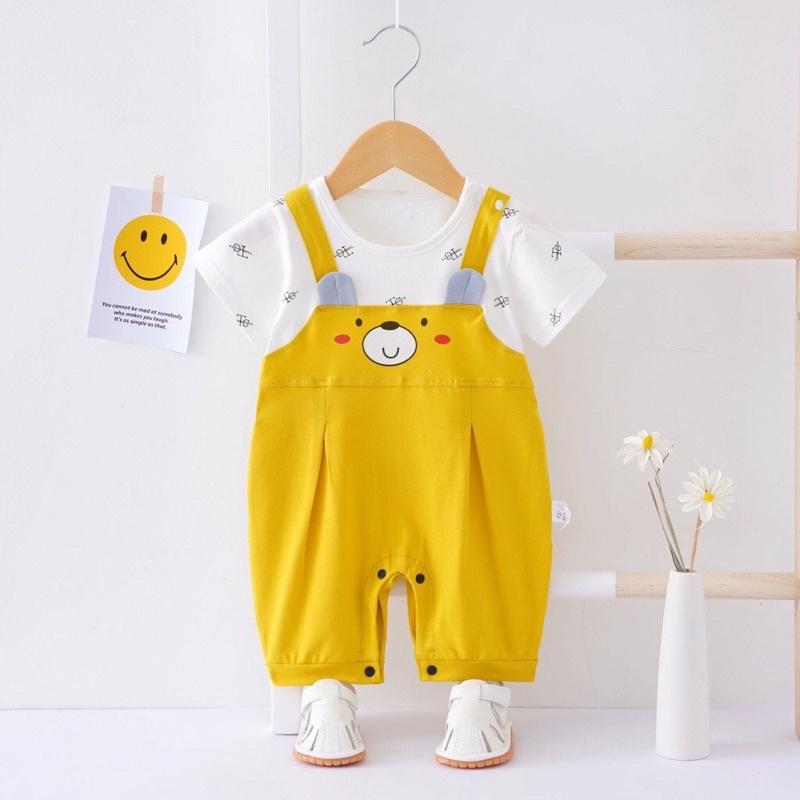 Body yếm liền 3 màu vàng, xanh, hồng cho bé trai và bé gái - body yếm đùi chất cotton sơ sinh mùa hè cún- áo quần trẻ em