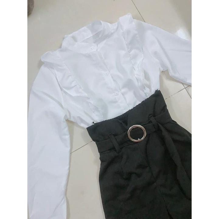 TBL-Set bộ thời trang nữ áo sơ mi trắng dài tay kèm quần suông kate đen phong cách nữ sinh, thời thượng