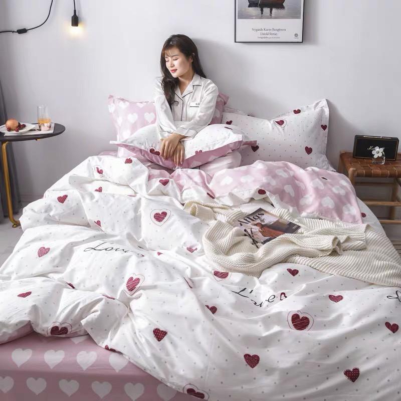 CHĂN GA GỐI POLY COTTON TIM HỒNG, SÉT CHĂN GA GỐI 5 MÓN -PP