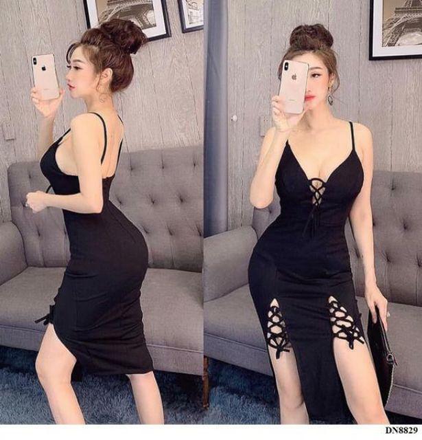Đầm đan dây hở ngực xẻ tà sexy