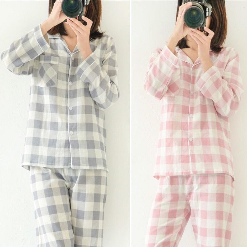 Bộ đồ pyjama nữ dài tay vải xô nhật họa tiết kẻ caro lớn (C341