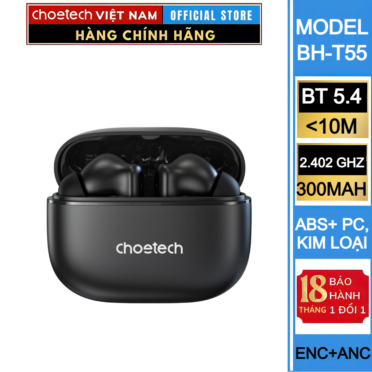 Tai nghe Bluetooth chống ồn ENC+ANC Choetech BH-T55 kết nối ổn định, âm thanh chất lượng cao - Hàng chính hãng