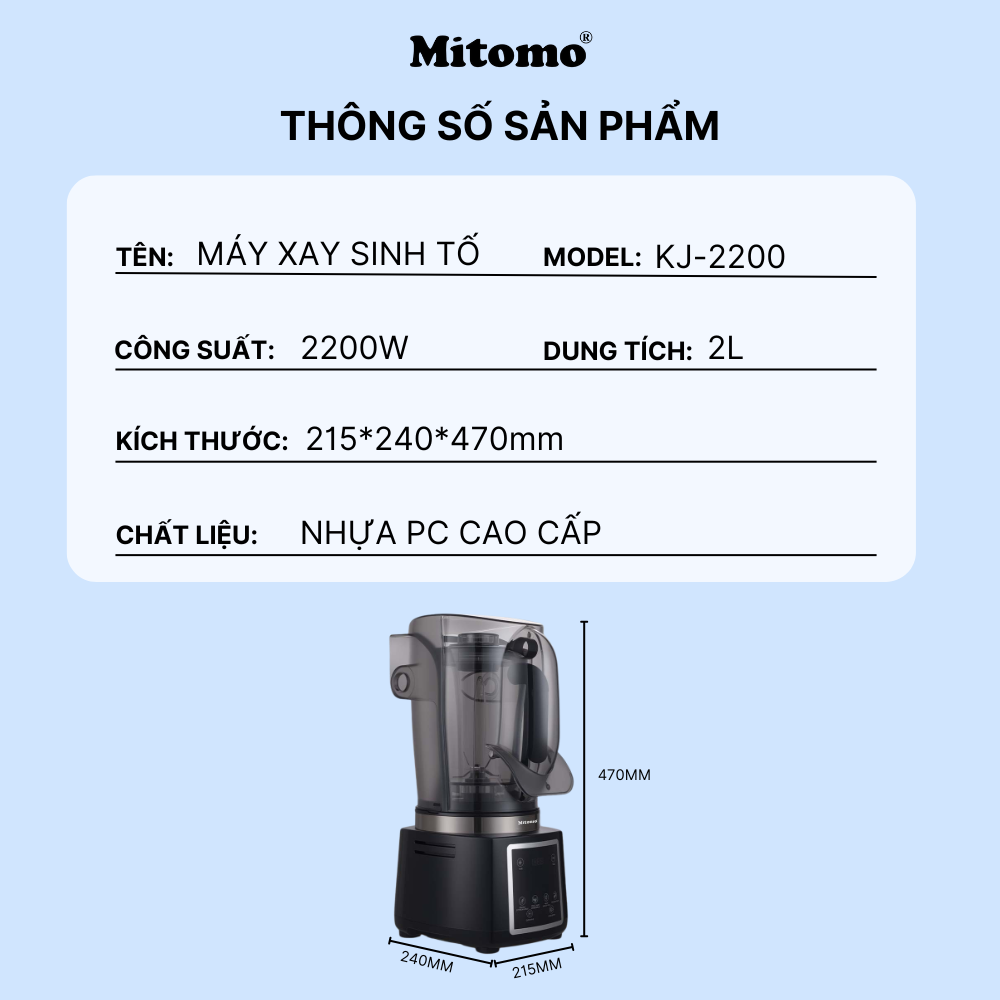 Máy xay sinh tố công nghiệp Mitomo KJ-2200, Công suất 2200W - hàng chính hãng Bảo hành 3 năm