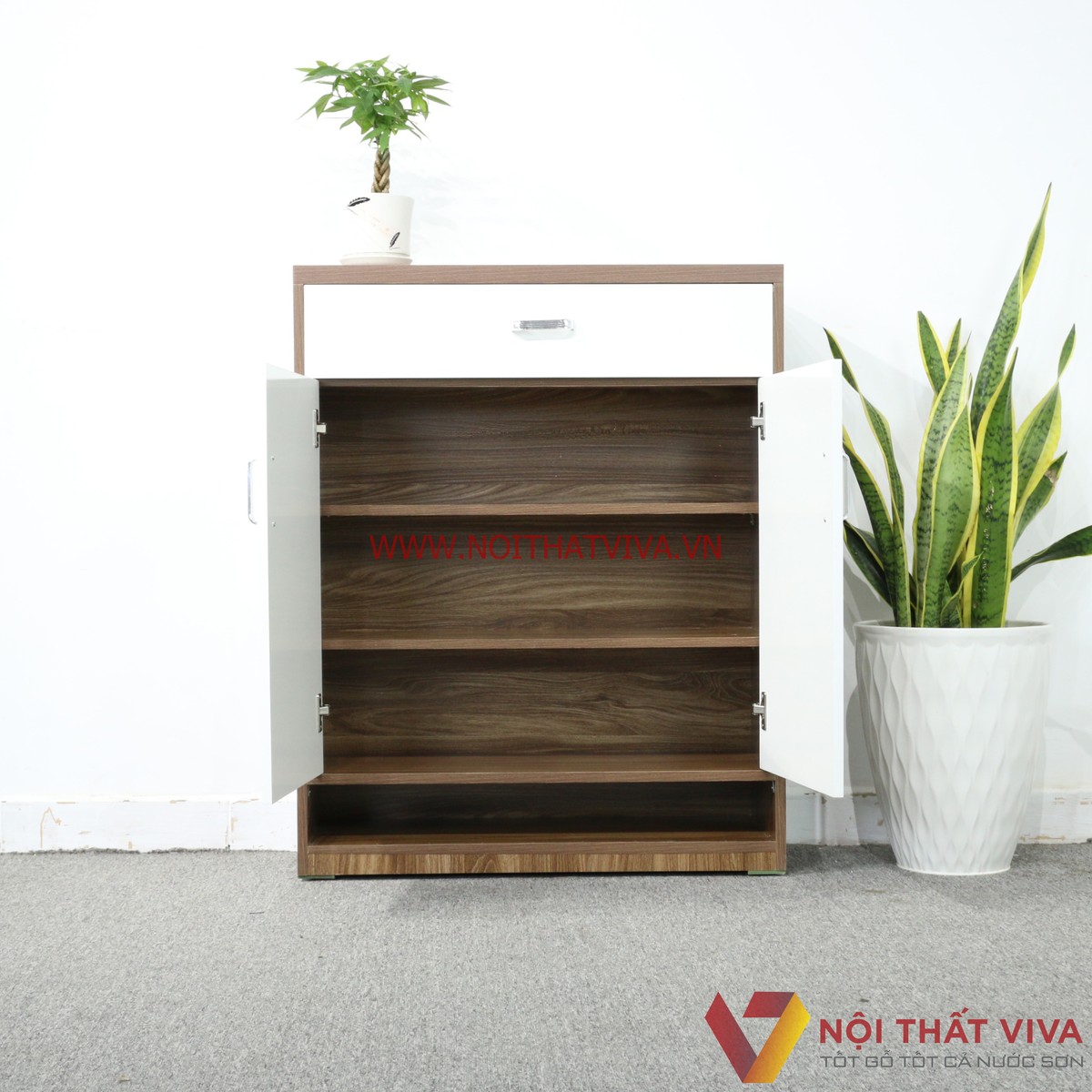 Tủ Giày Dép Gỗ MDF Melamine Màu Óc Chó Phối Trắng Đẹp Hiện Đại