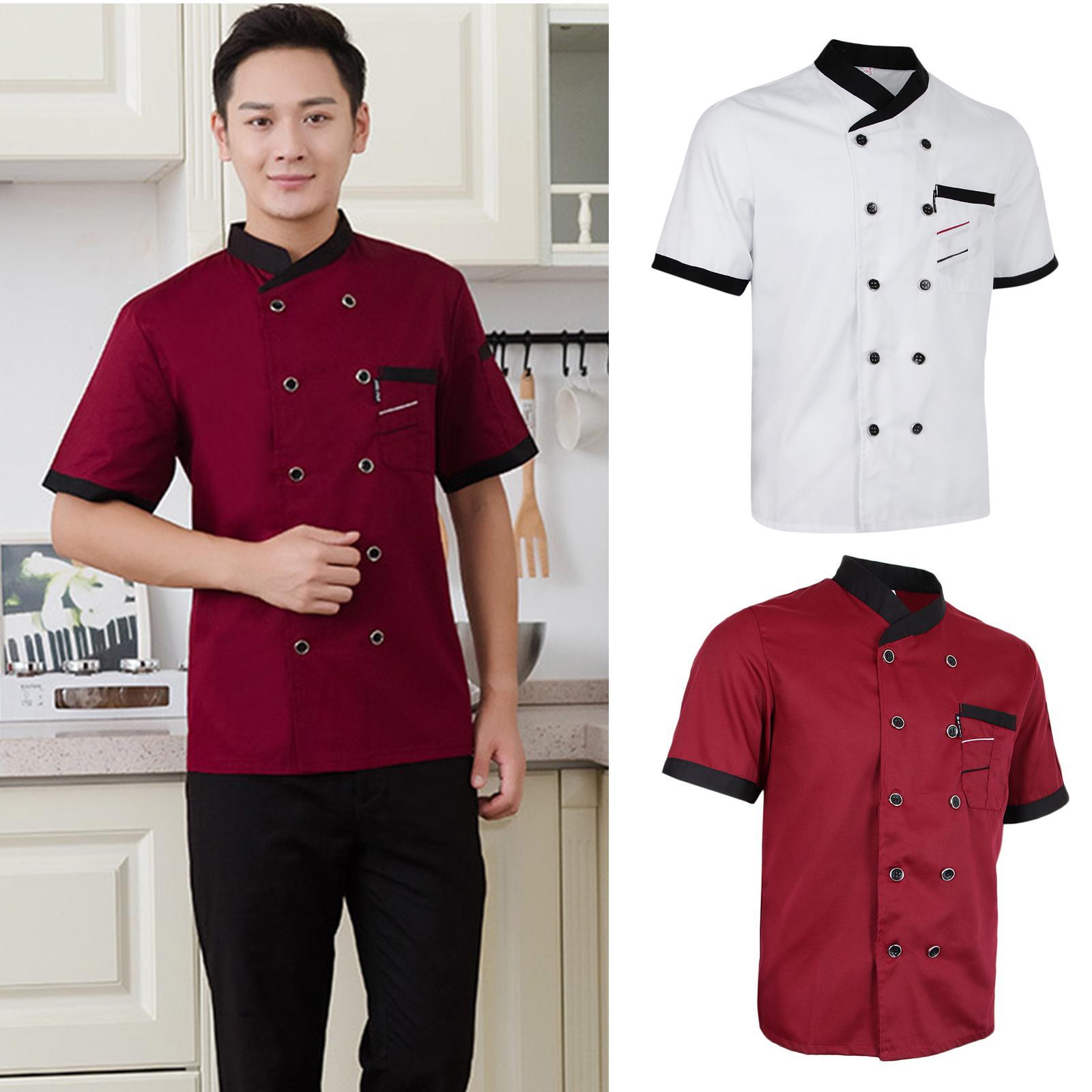 2 Pieces Chef Jacket Uniform Short Sleeve Kitchen Cook Coats For Mens Womens
