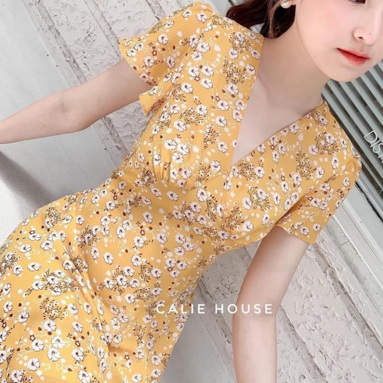 VÁY HOA TƠ CỔ V 2 MÀU XANH VÀNG CHO NỮ