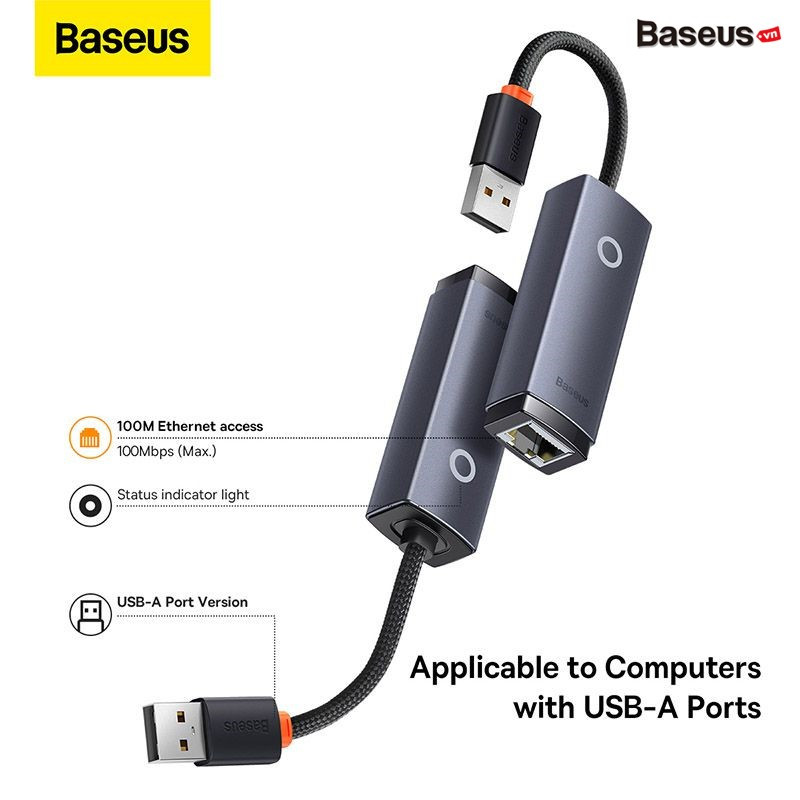 Hub Chuyển Đổi Kết Nối USB/ Type C to LAN RJ-45 Baseus Lite Series Ethernet Adapter 100Mbps/1000Mbps - Hàng chính hãng