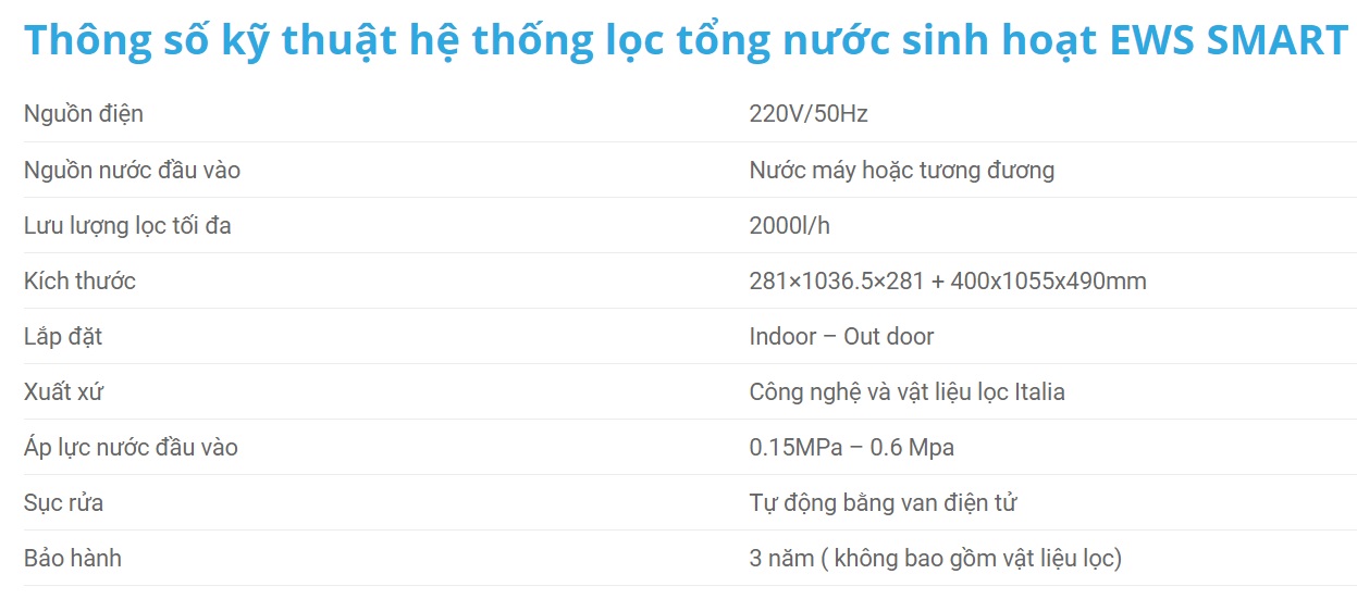 Hệ thống lọc nước tổng sinh hoạt cao cấp EWS Smart kết nối wifi IoT dùng cho căn hộ, biệt thự, nhà riêng, Penthouse, hàng chính hãng