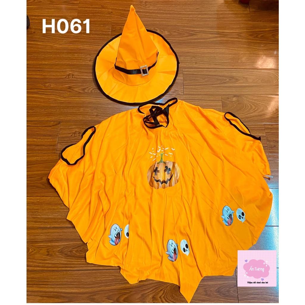 Set áo choàng mũ phù thủy cánh dơi hoạ tiết bí ngô hóa trang Halloween