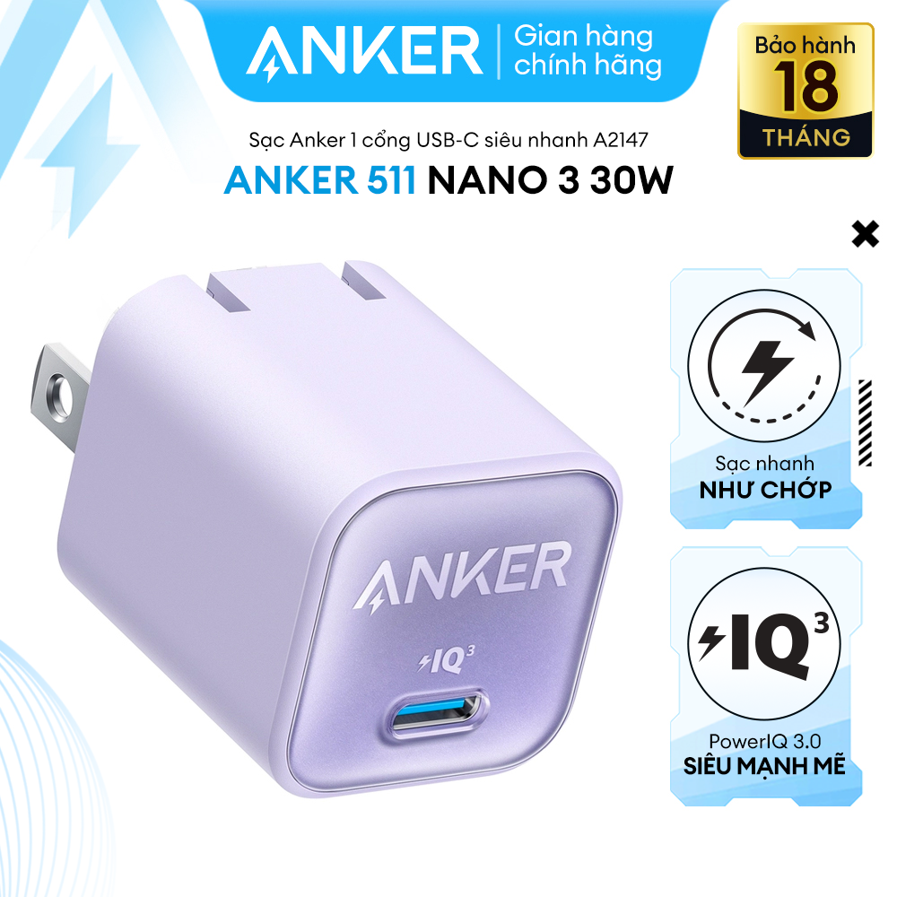 Sạc Anker 511 Nano 3 30W 1 Cổng Usb - C Piq 3.0 Tương Thích Pd - A2147 - Hỗ Trợ Sạc Nhanh 30W Cho Iphone 13 Trở Lên. - Tím