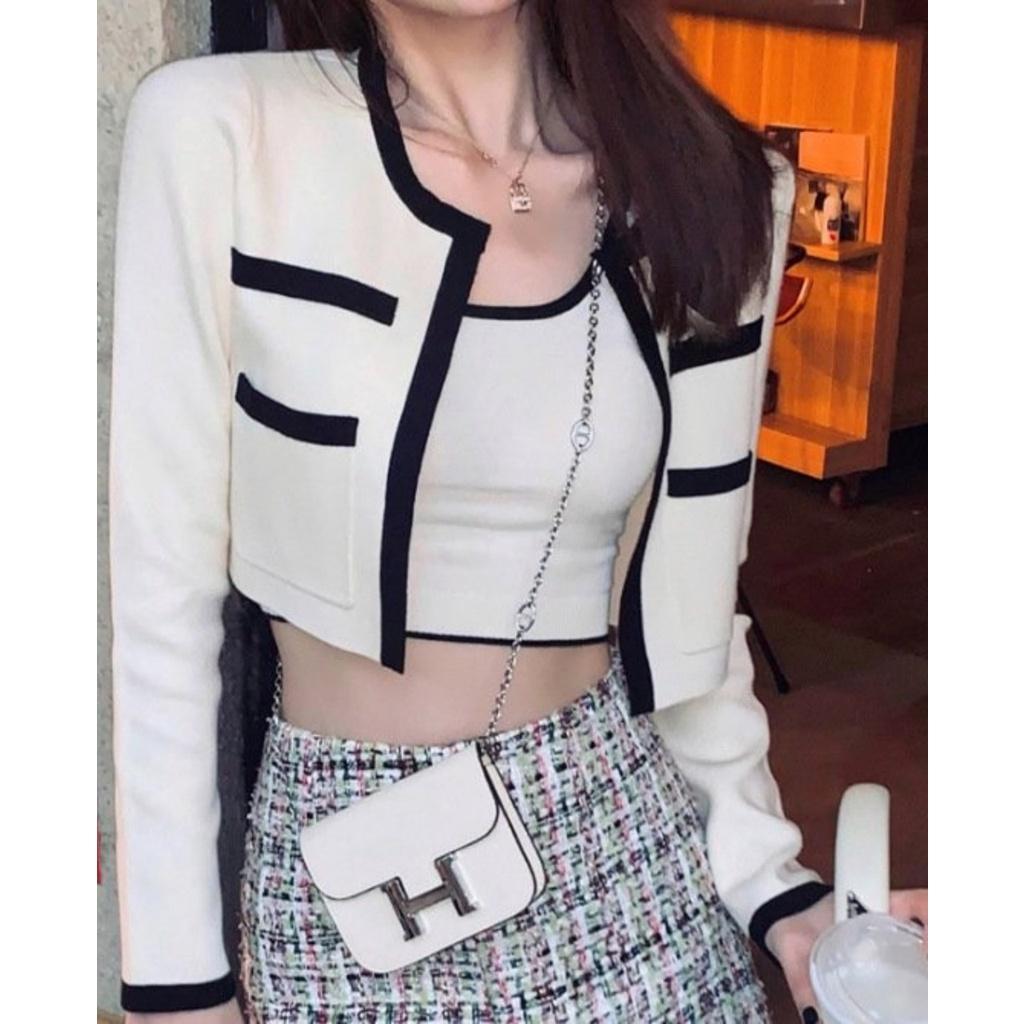 Áo Khoác Cardigan Dệt Kim Croptop Set Tay Dài Màu Trơn Thời Trang Hàn Quốc Cho Nữ A-8