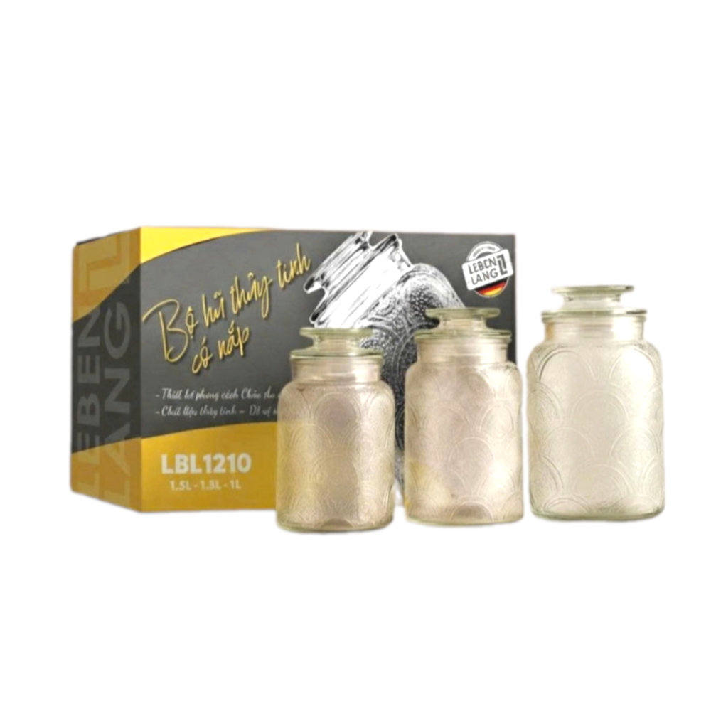 Bộ 3 Hũ Thủy Tinh Đựng Thực Phẩm Lê Bên Làng LBL1210, Nắp Kín, Hoa Văn, Dung Tích 1L, 1.3L, 1.5L