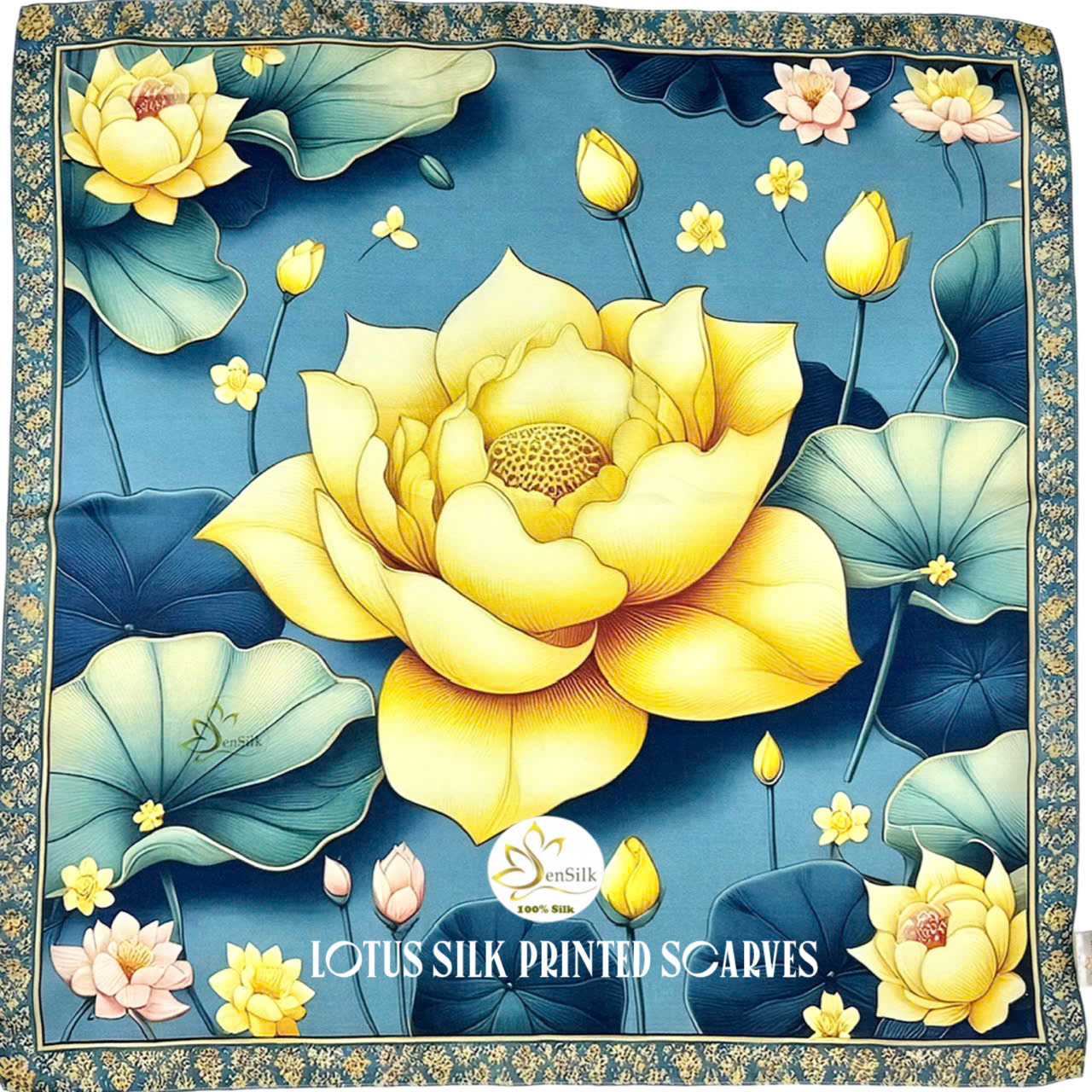 100% Silk Printed Scarf 3D Gold Lotus - Quà Việt Nam Đẳng Cấp - Khăn Lụa Vuông Thời Trang SenSilk 65x65cm