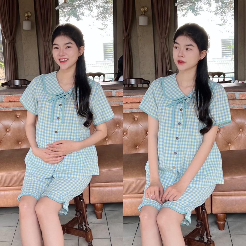 Bộ Đồ Bầu Lửng Karo Mẫu Mới Mùa Hè 2025 Mặc Nhà Chất Cotton Hàn Nhẹ Mát Có Chun Điều Chỉnh - Đỏ