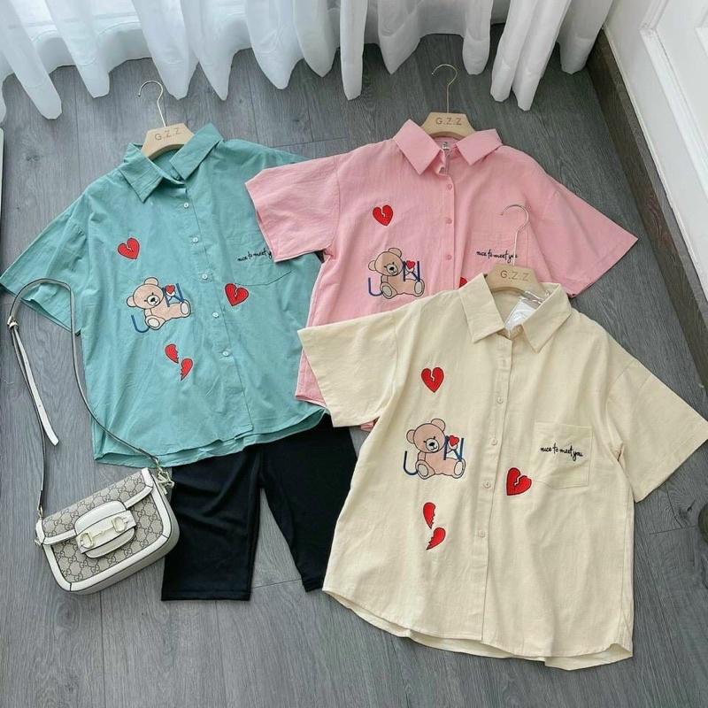 Set Bộ Đồ Nữ Áo Sơ Mi Tim Gấu + Quần Legging Ngố