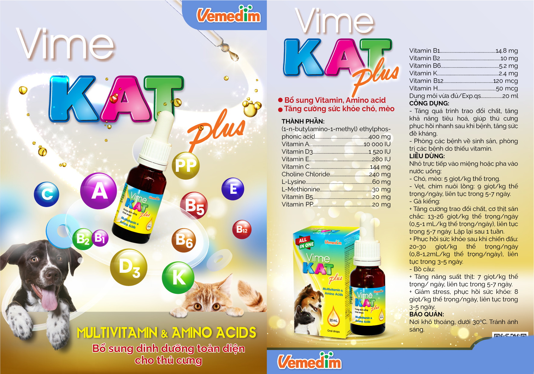 Chai bổ sung MultiVitamin & Amino Acids cho Chó Mèo Thú cưng Vemedim Vime Kat Plus Chai 20ml Giúp tăng sức đề kháng