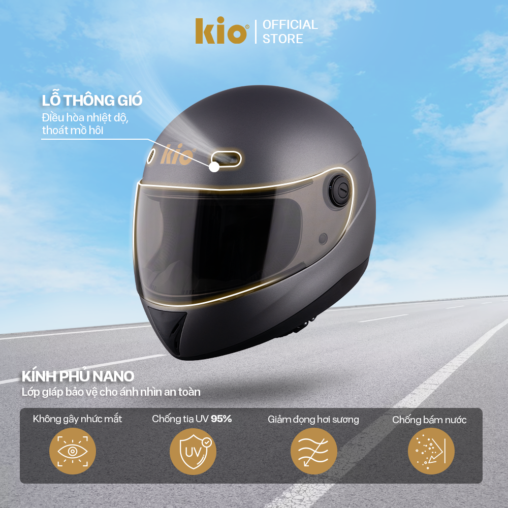 Mũ Bảo Hiểm Fullface Kio SafeStyle Rider KN09K, Kính Dài Phủ Nano Chống Tia UV, Lót Kháng Khuẩn Thoáng Khí - Xám Titan (nhám)