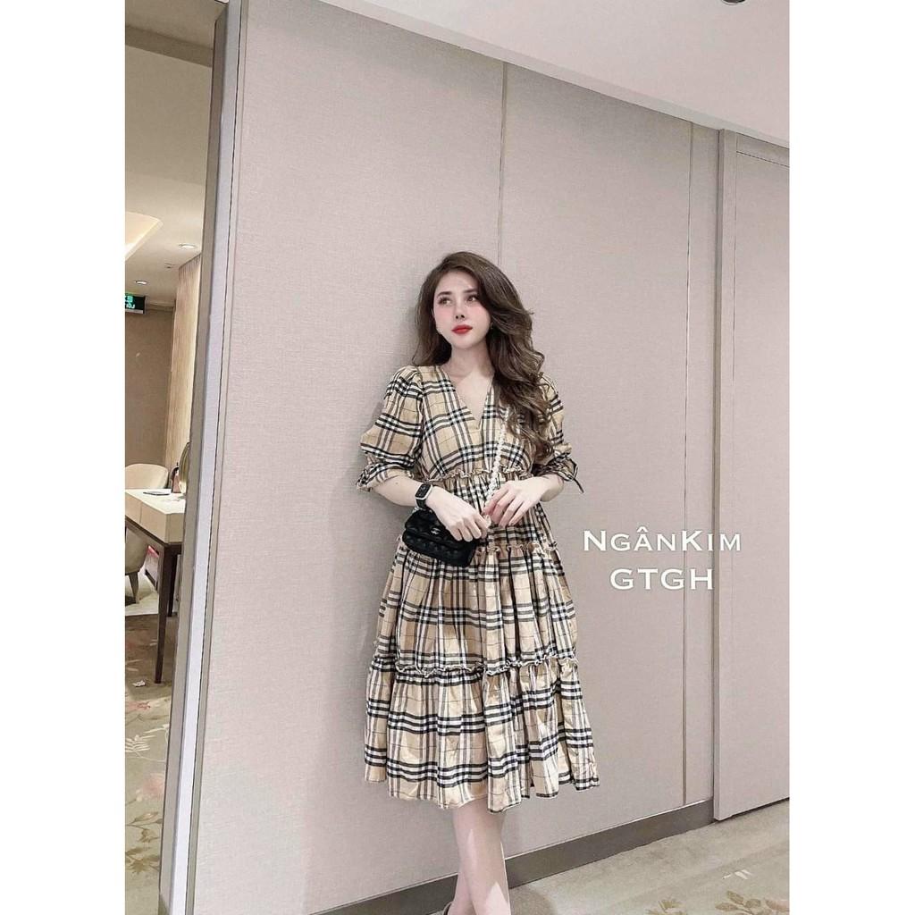 Váy Bầu Kẻ Caro Váy Bầu Tay Bồng Dáng Xòe HD2820 Honey Mommy