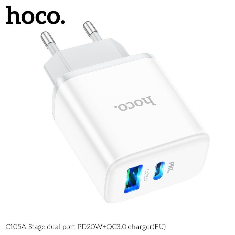 Cóc Sạc Nhanh Hoco. Dành Cho C105A Pd20W + Qc3.0 2 Cổng Sạc USB Và Type-C Có Đèn Led Hàng Chính Hãng