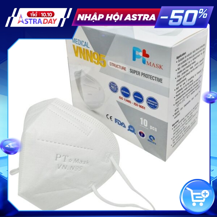 Hộp 10 Cái Khẩu Trang VNN95 PT Mask, 5 Lớp, kháng Khuẩn, Chống Bụi Siêu Mịn PM2.5, Màu Trắng - Đạt Các Chứng Chỉ ISO 13485, ISO 9001, CE, FDA, TGA.