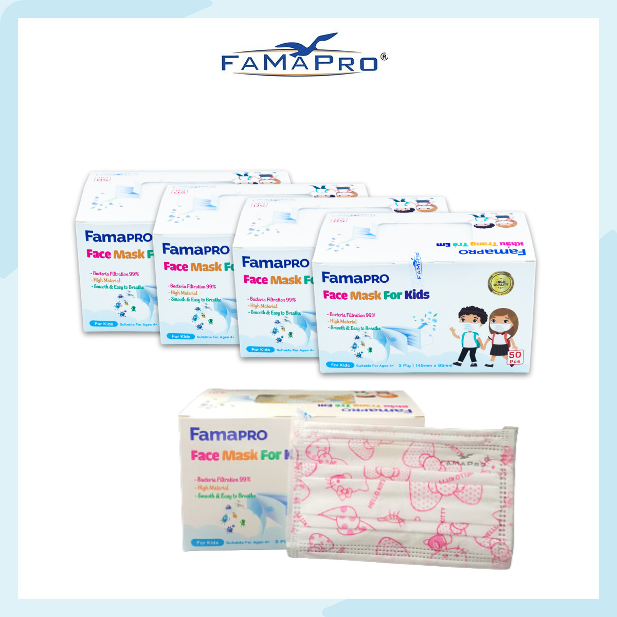 - khẩu trang y tế trẻ em kháng khuẩn 3 lớp Famapro Max Kid - COMBO 5 HỘP
