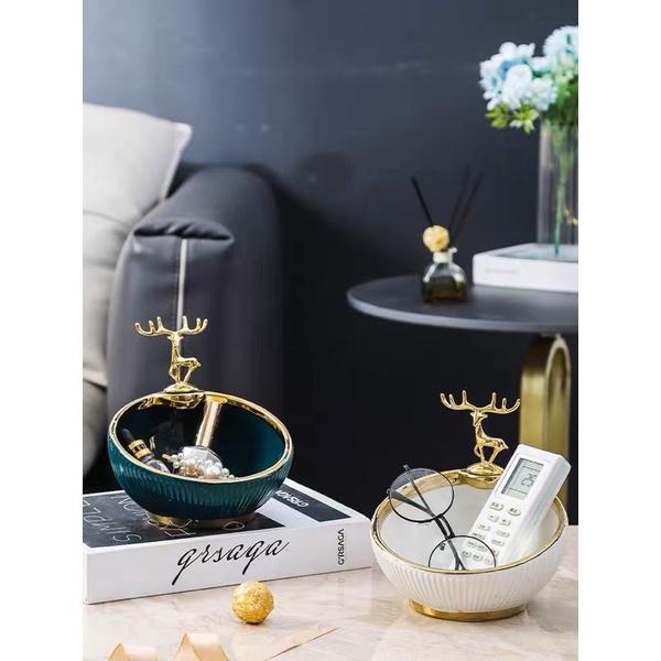 BÁT SỨ HÌNH HƯƠU ĐỰNG KẸO VÂN SỌC MẠ VÀNG DECOR CAO CẤP