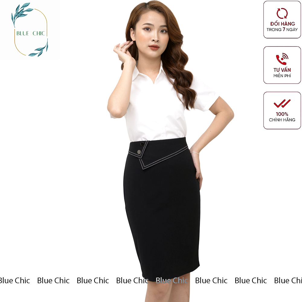 Chân váy bút chì Blue Chic phối 2 khuy mạ crom sang trọng, quý phái, có lớp lót chất vải cao cấp