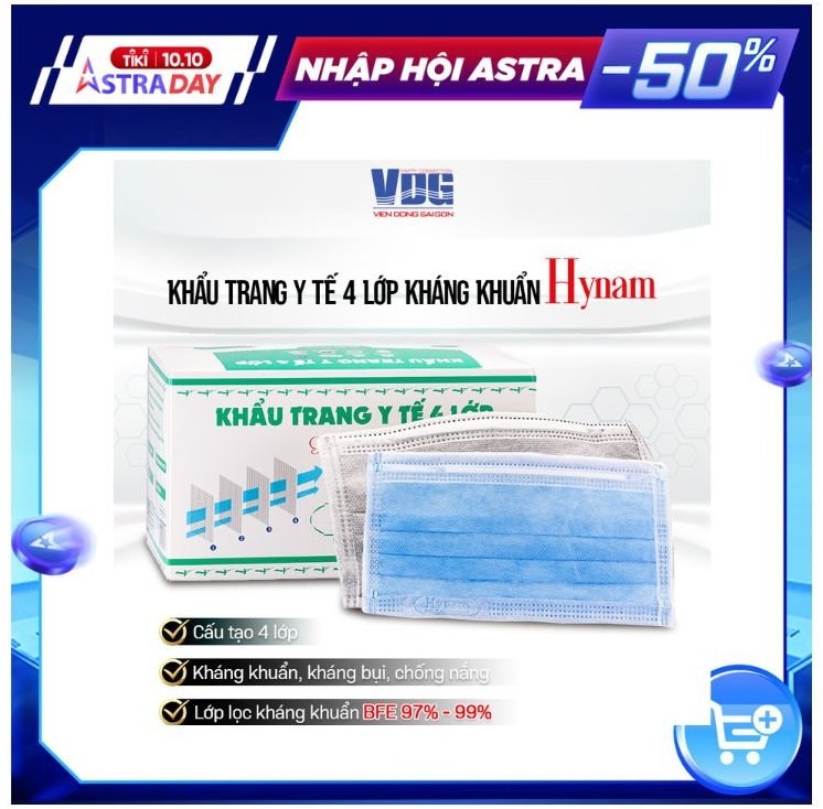 Khẩu trang y tế 4 lớp Hynam - Giấy lọc kháng khuẩn (Hiệu suất lọc (BFE) 97%) - (50 cái/ hộp