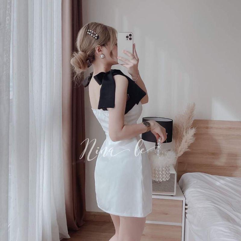 ĐẦM 2 DÂY THẮT NƠ PHỐI MÀU ĐEN TRẮNG