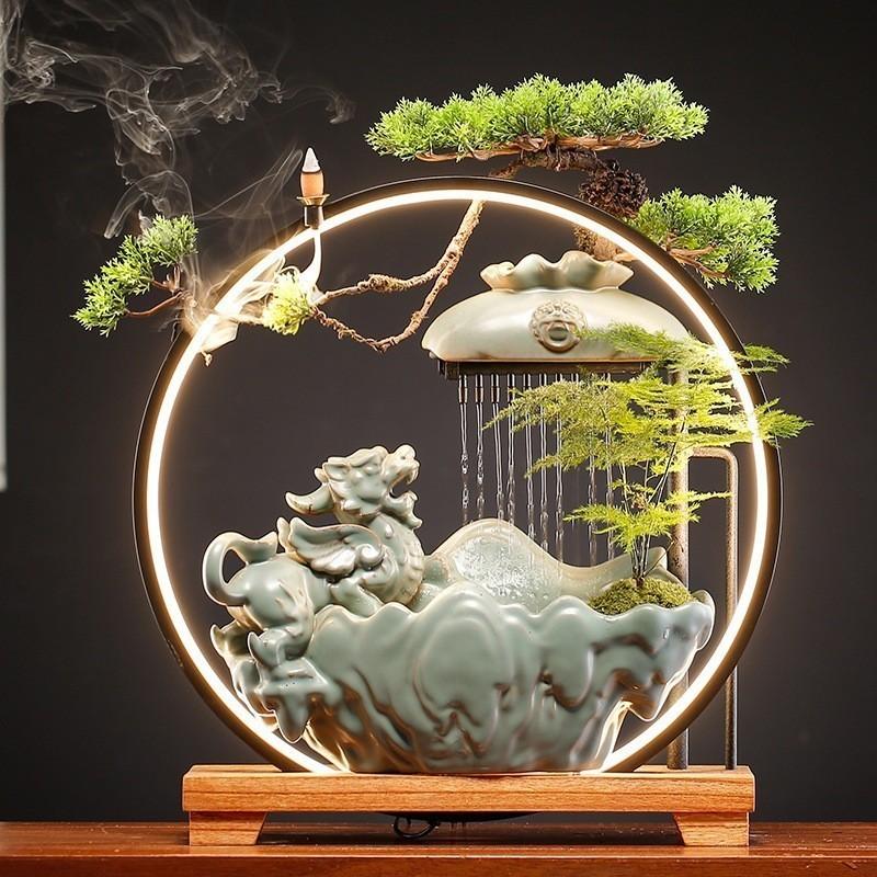 [Hỏa Tốc] Thác Nước Phong Thủy Kỳ Lân, Rồng, Hươu Kèm Đèn Led tặng kèm cây xanh và nụ trầm