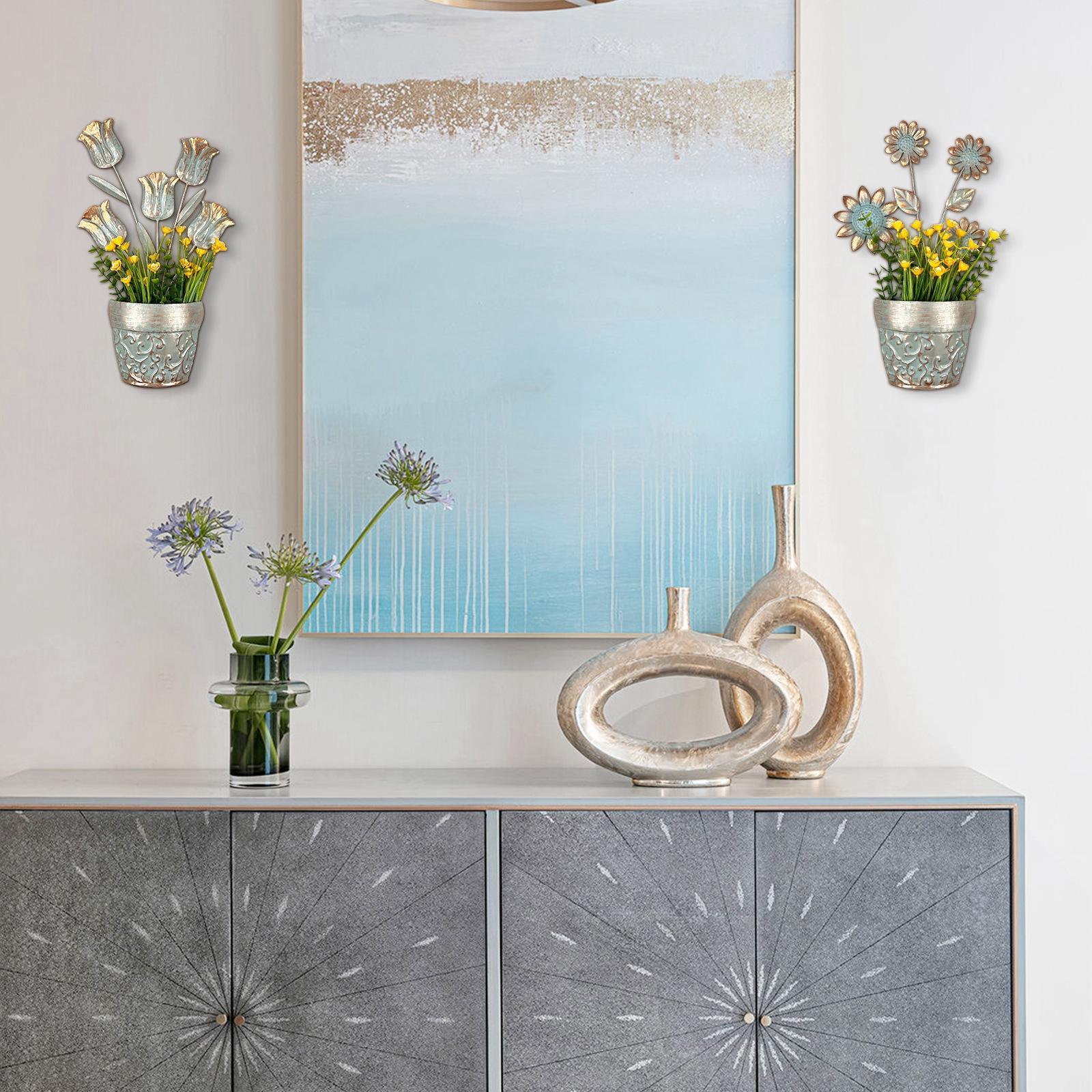 2Pcs Flower Pot Sculptures Yard Backyard Lawn Flower Metal Wall Art Decors