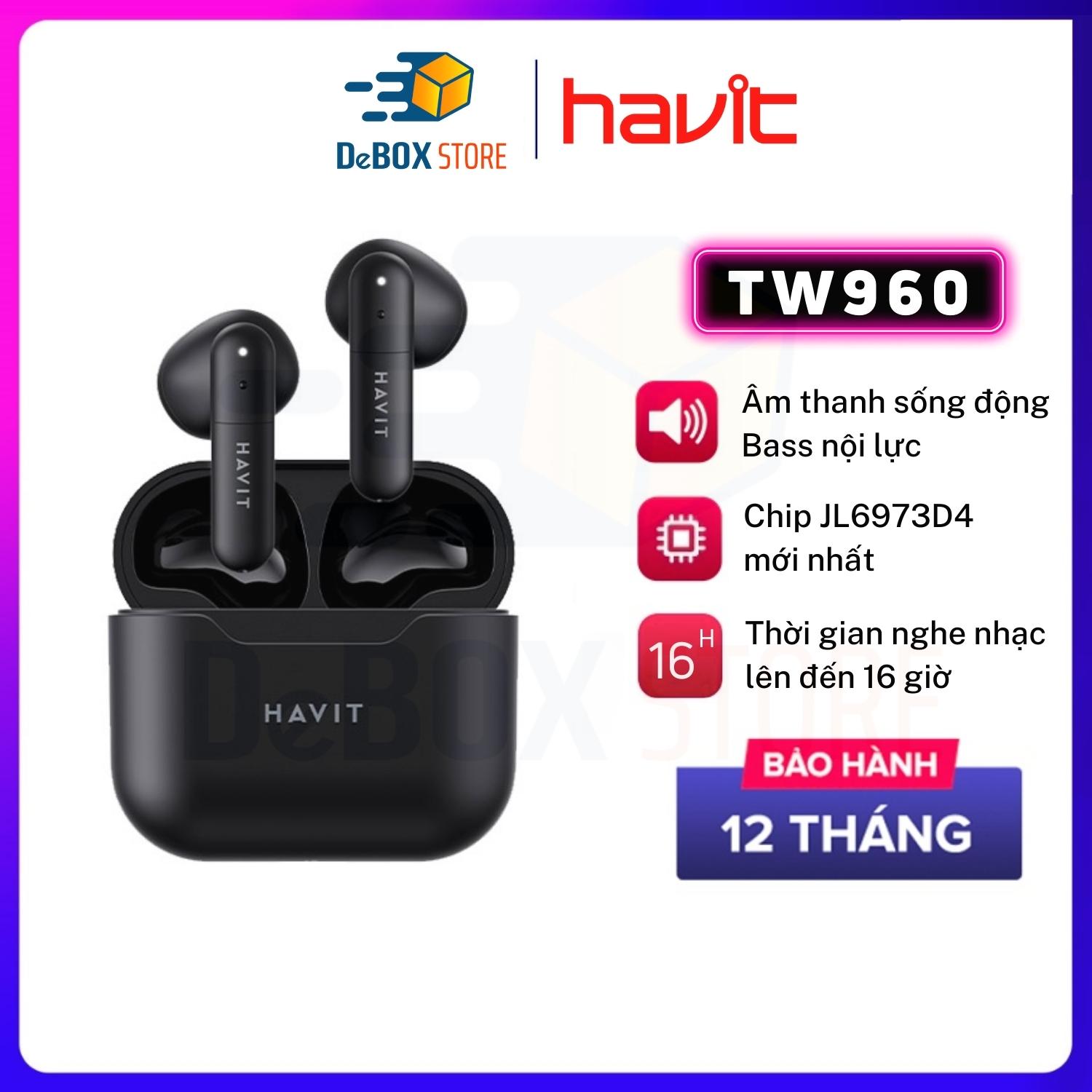 Tai Nghe Bluetooth TWS HAVIT TW960, BT 5.1, Độ Trễ Thấp, Kháng Nước IPX4, Nghe Đến 16H (Đen) - Hàng Chính Hãng