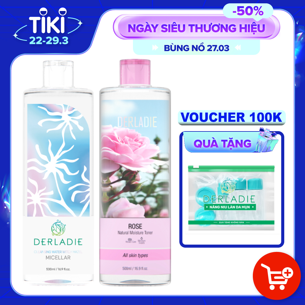 Combo Nước Tẩy Trang Derladie Cleansing Water Witch Hazel, Nước Hoa Hồng Derladie Rose Natural Moisture Toner