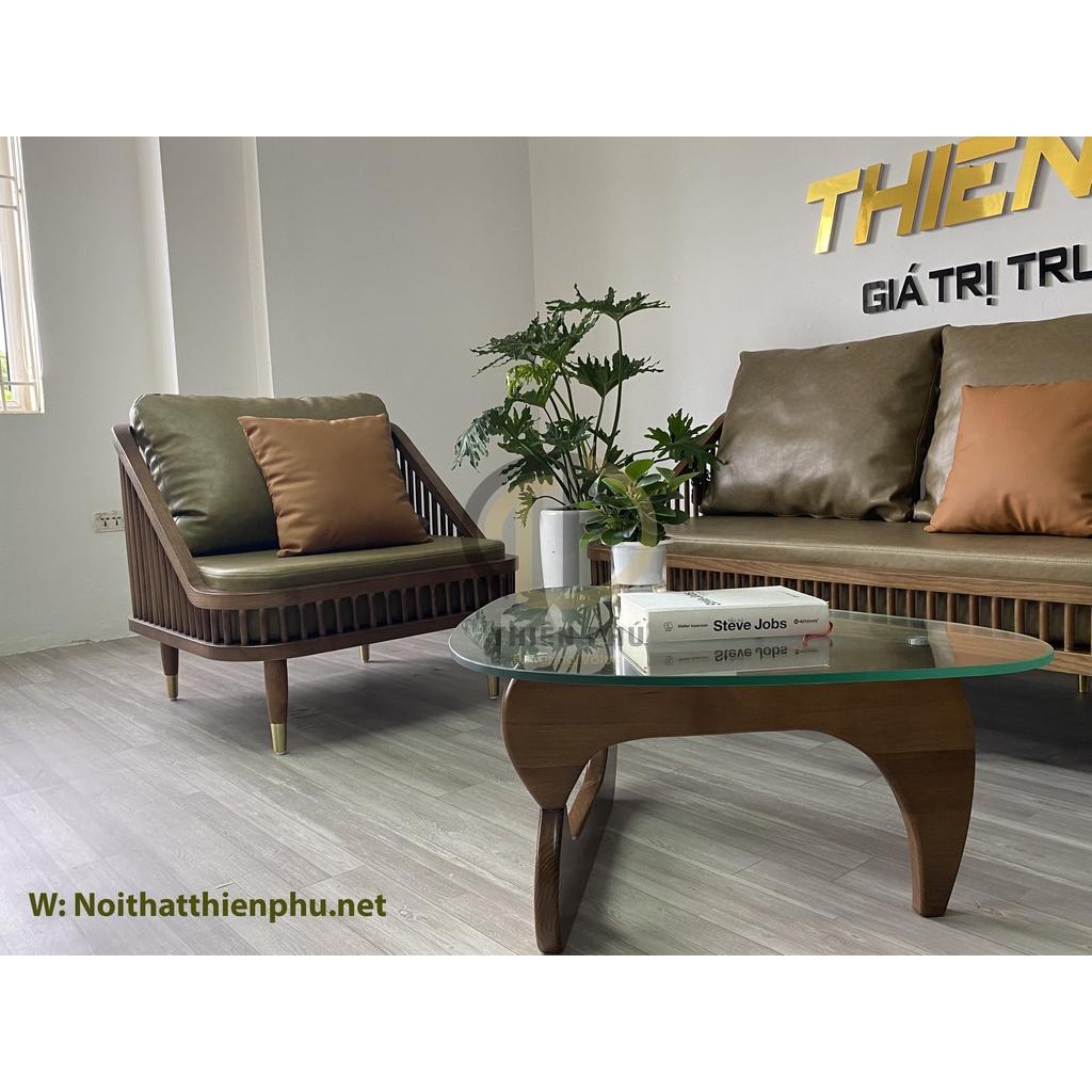 Sofa phòng khách Dedar KBH gỗ tần bì màu nâu walnut bọc da kèm bàn Noguchi