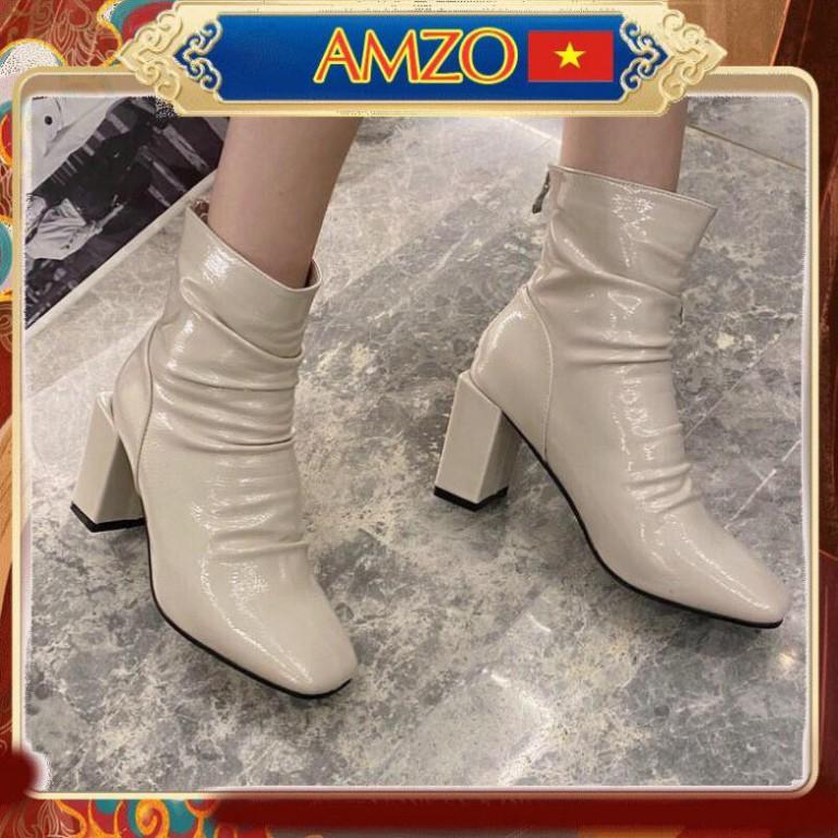 Giày Boot Nữ/ Giày Boot Cổ Thấp 7Cm Da Nhăn Bóng Hai Màu Đen Kem Trắng Cực Sang Chảnh Đế Vuông Mũi Vuông