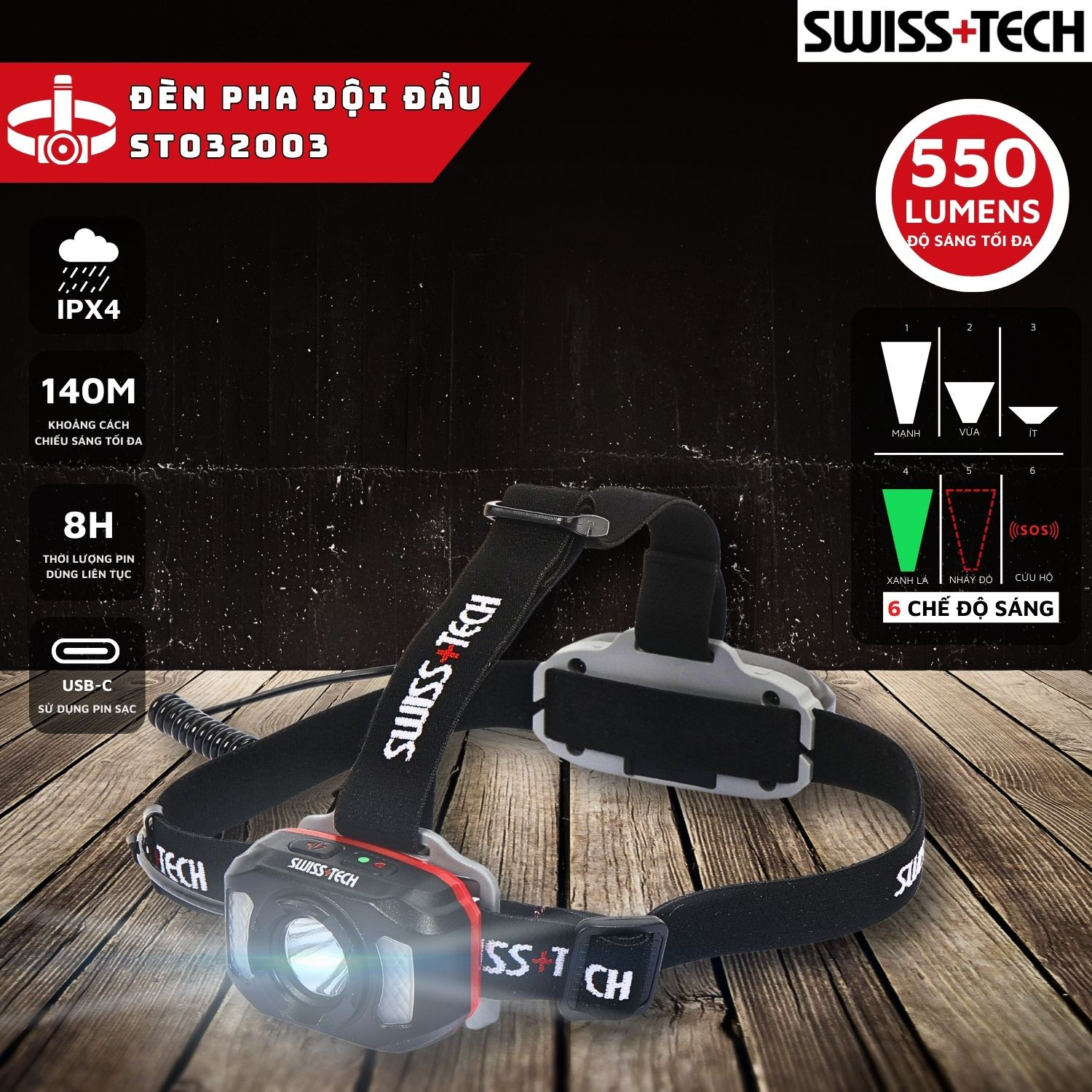 Đèn pha đội đầu SWISS+TECH ST032003 (550 Lumen – 140m)