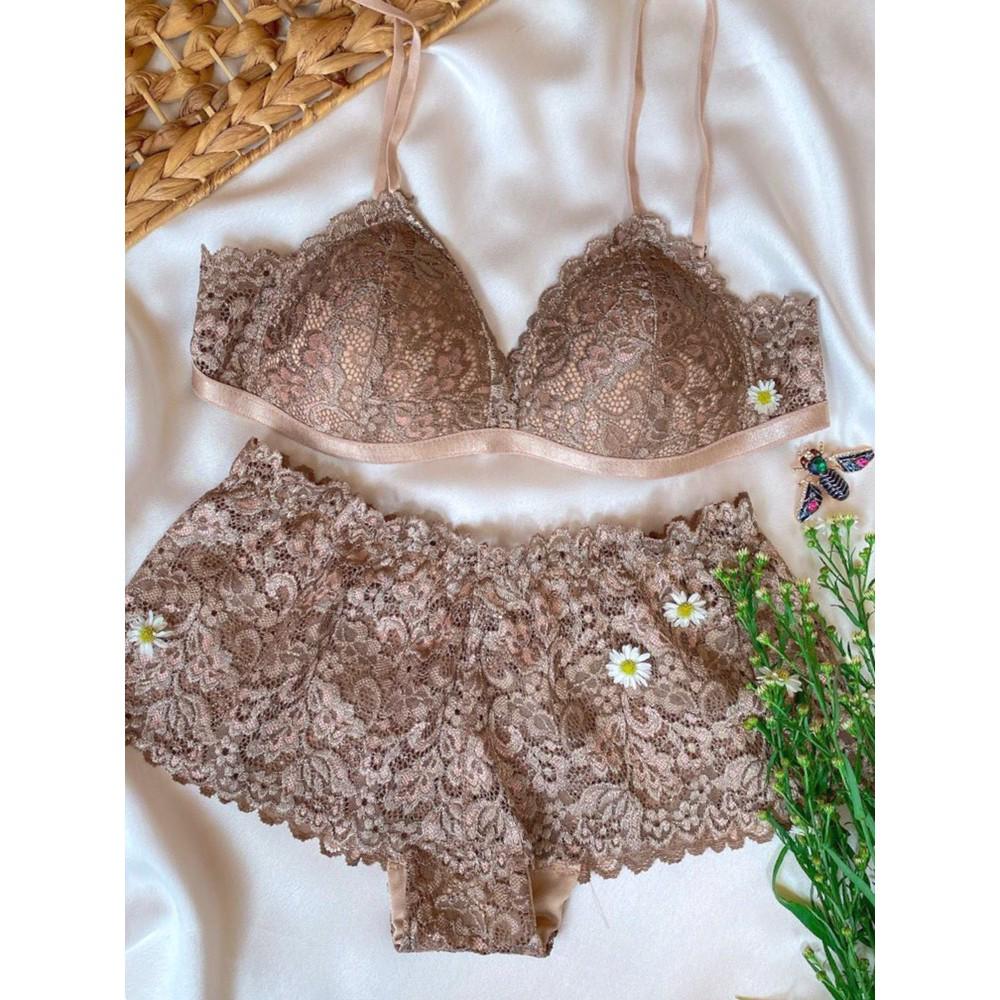 Set Nội y thiết kế - Bralette hoa nâu không gọng, mút mỏng quyến rũ