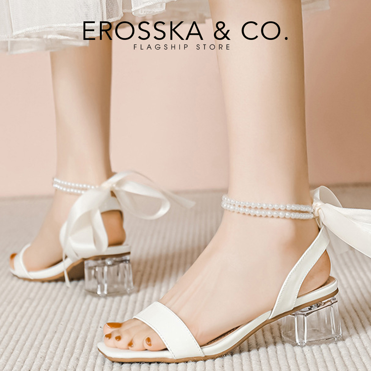 Erosska - Giày sandal cao gót đi học dây thắt nơ phối ngọc cao 4cm _ EB048