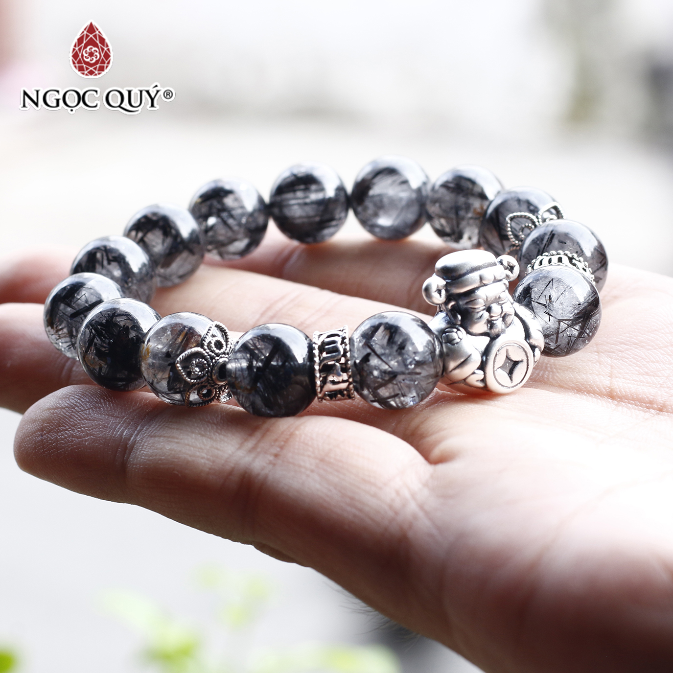 Vòng thạch anh tóc đen 12mm phối charm bạc thần tài mệnh thủy, mộc - Ngọc Quý Gemstones