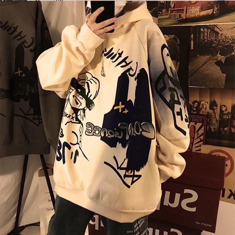 Áo Hoodie Nam Nữ Tay Dài Mũ Nón Dáng Rộng In Hình Phong Cách Thu Đông