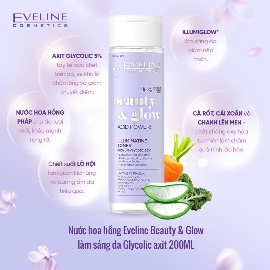 Nước hoa hồng Eveline Beauty & Glow làm sáng da Glycolic axit 200ML
