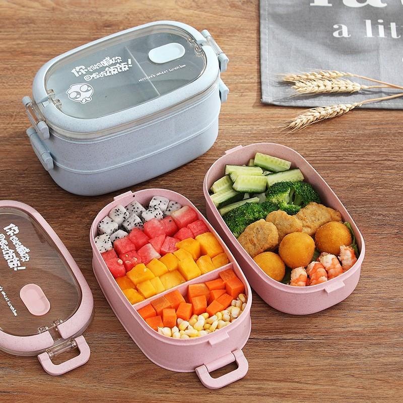 Bộ hộp cơm 2 tầng lúa mạch kèm muống ,đũa, nĩa